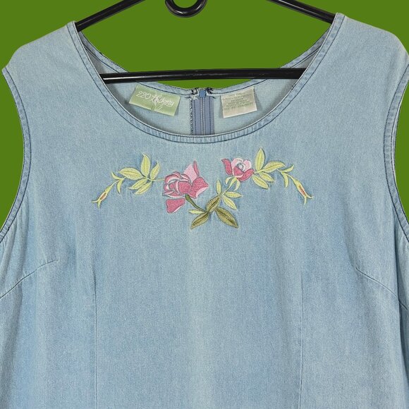 Denim Embroidered Maxi Dress Lightweight Vintage - Picture 4 of 7